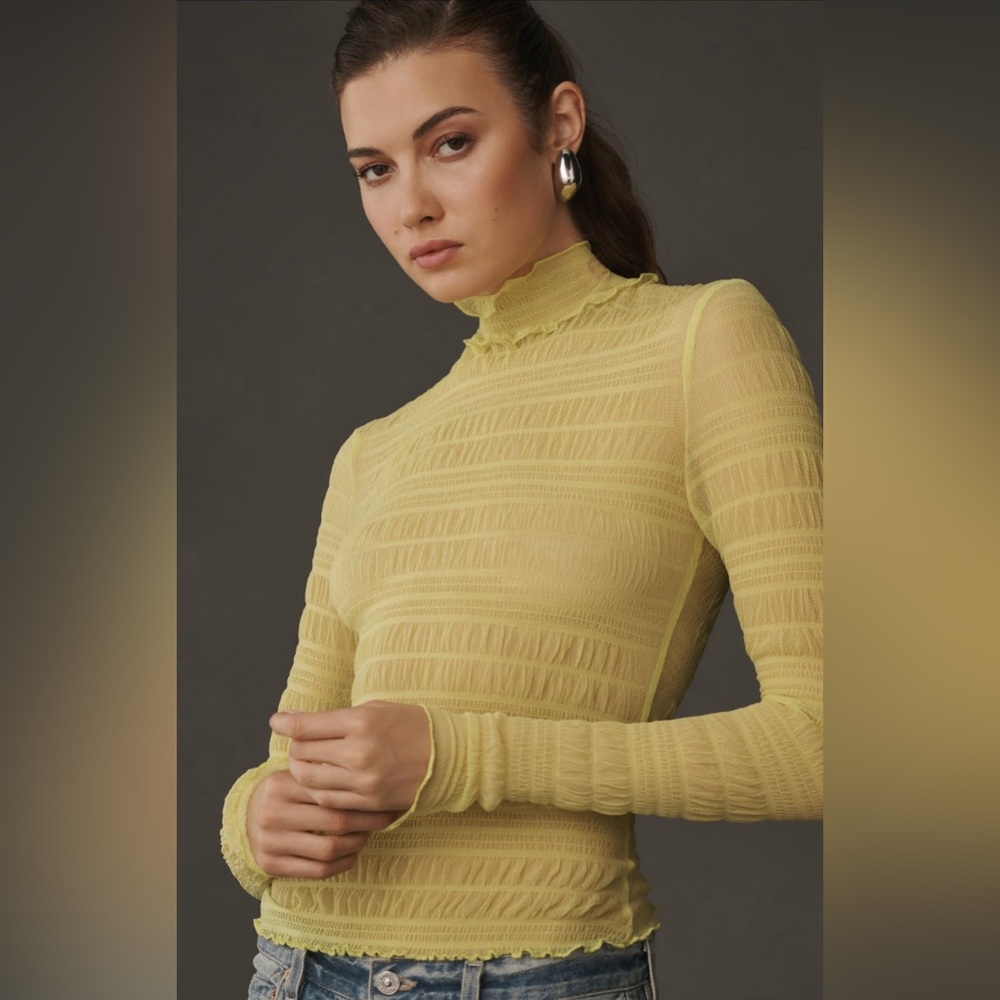 ✨ Anthropologie Smocked Mesh Turtleneck Top Sz S